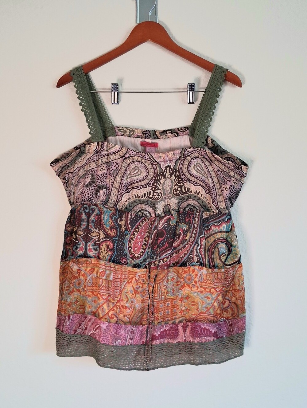 Sugar 17 Boho Silk Paisley Mixed-Print Tank Top with Olive Crochet